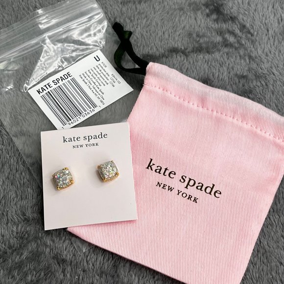 Kate Spade Opal Glitter Square Stud Earrings Gold Plated with Pouch NWT - Picture 8 of 8